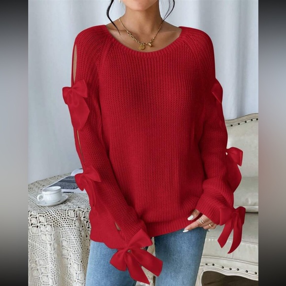 Classic Bow Cut Out Long Sleeve Sweater Top Holiday Christmas - Picture 8 of 16
